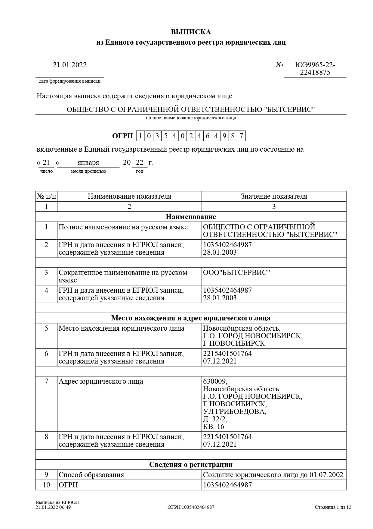Выписка из ЕГРЮЛ